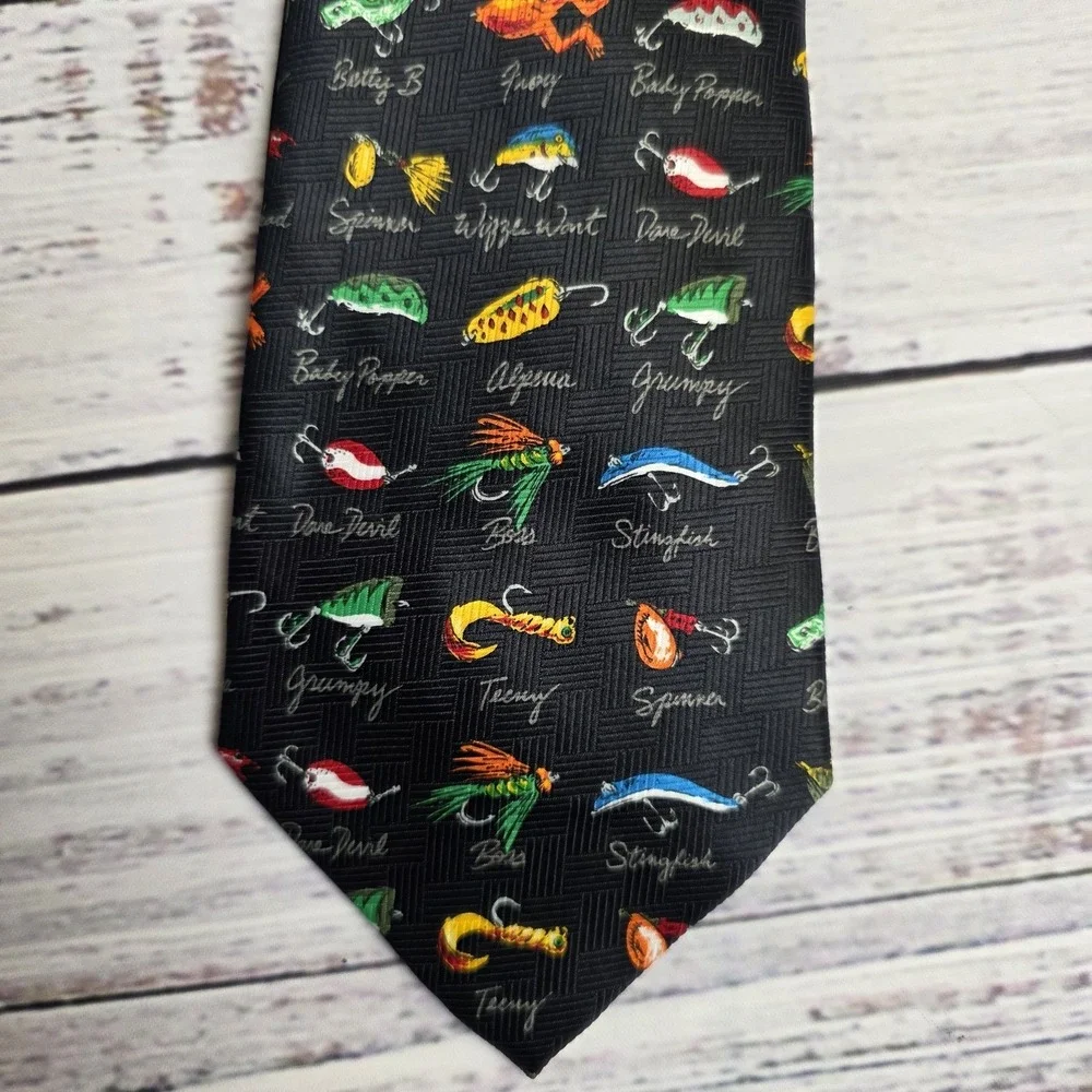 Addiction Polyester Men's Black Neck Tie Fishing Lures Fishermen Tackle Dad Gift